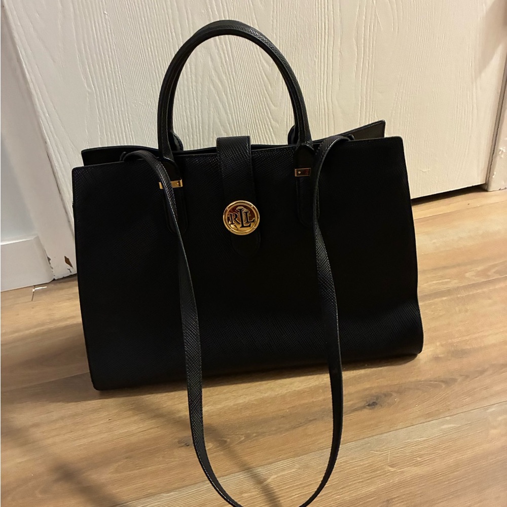 Ralph Lauren Black Textured Leather Tote with Gold Emblem - Picture 2 of 5